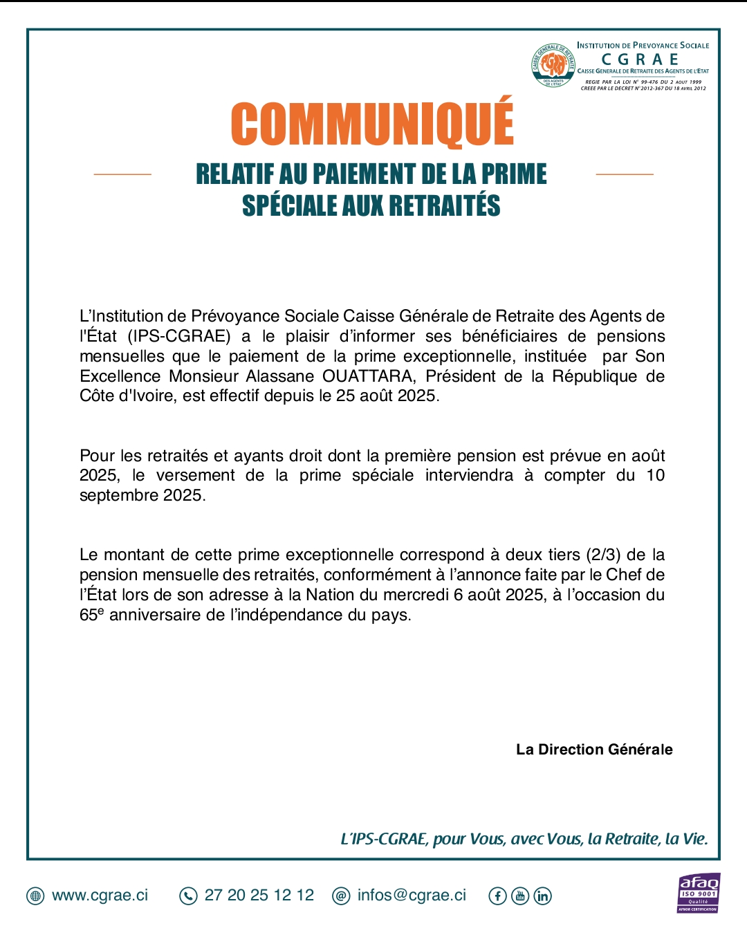 COMMUNIQUÉR ELATIF AU PAIEMENT DE LA PRIME SPÉCIALE AUX RETRAITÉS 